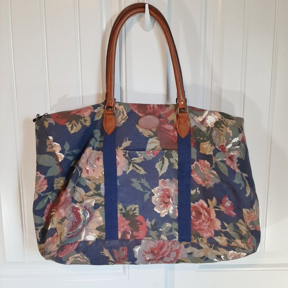 VTG Gitano 80's/90's Navy Floral Cotton Canvas Duffle Weekender Bag - Picture 2 of 16